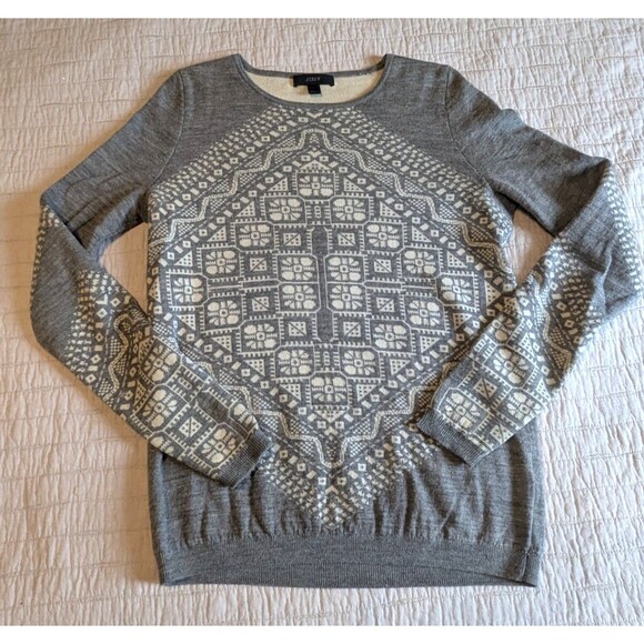 J.Crew Sweater Women's Small Gray Merino Wool White Geometric Print Pullover - Picture 1 of 5